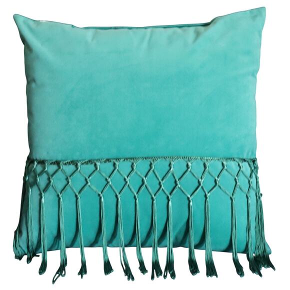 Green Velvet Fringe Pillow Art Deco Hollywood Regency Boho Square Accent Large - Picture 1 of 5